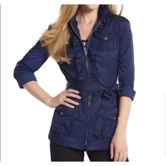 White House Black Market Belted Blue Nylon Ruffle Jacket coat Zip up Size XS - Picture 5 of 5